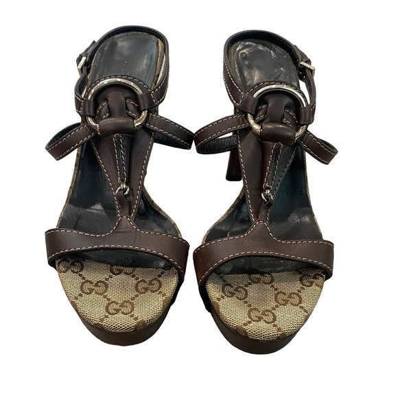 Gucci Brown Leather Horsebit Ankle Strap Heel Sandals Women's 36 US 6 - Picture 1 of 9